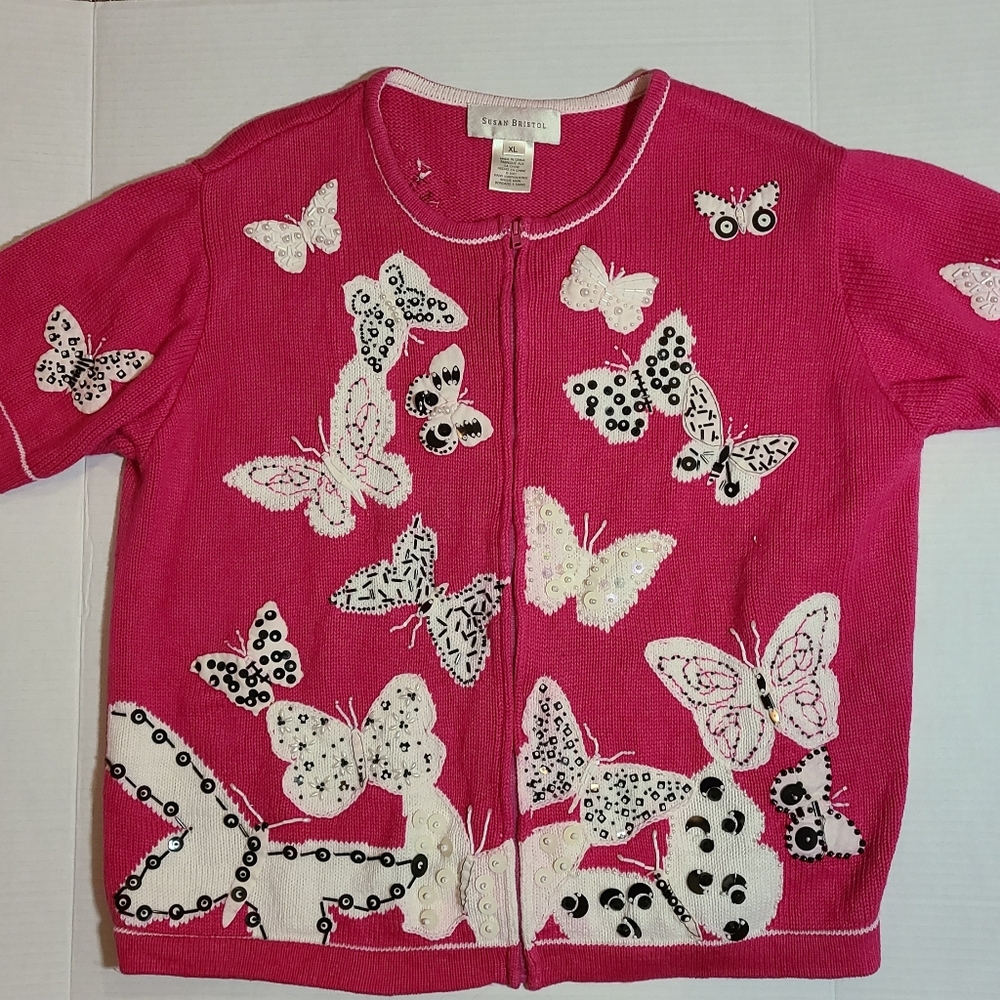 Vintage Y2K Whimsy Fairy Sweater Hand  Embroidered Butterfly Pink Zipper Size XL